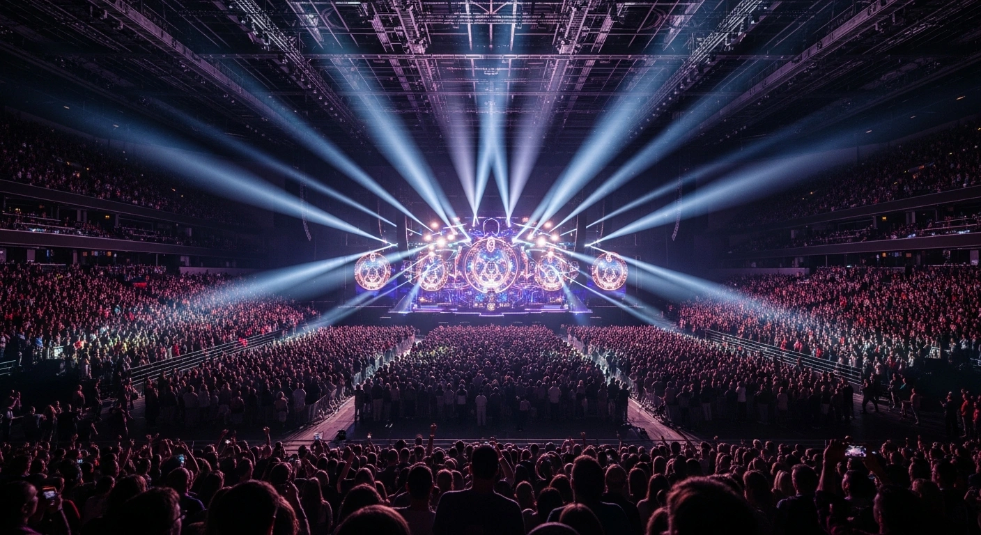A brightly lit, futuristic stage within a large arena, surrounded by a cheering audience, symbolizing the excitement for the Melodifestivalen 2026 Grand Final in Stockholm, where twelve acts will compete.