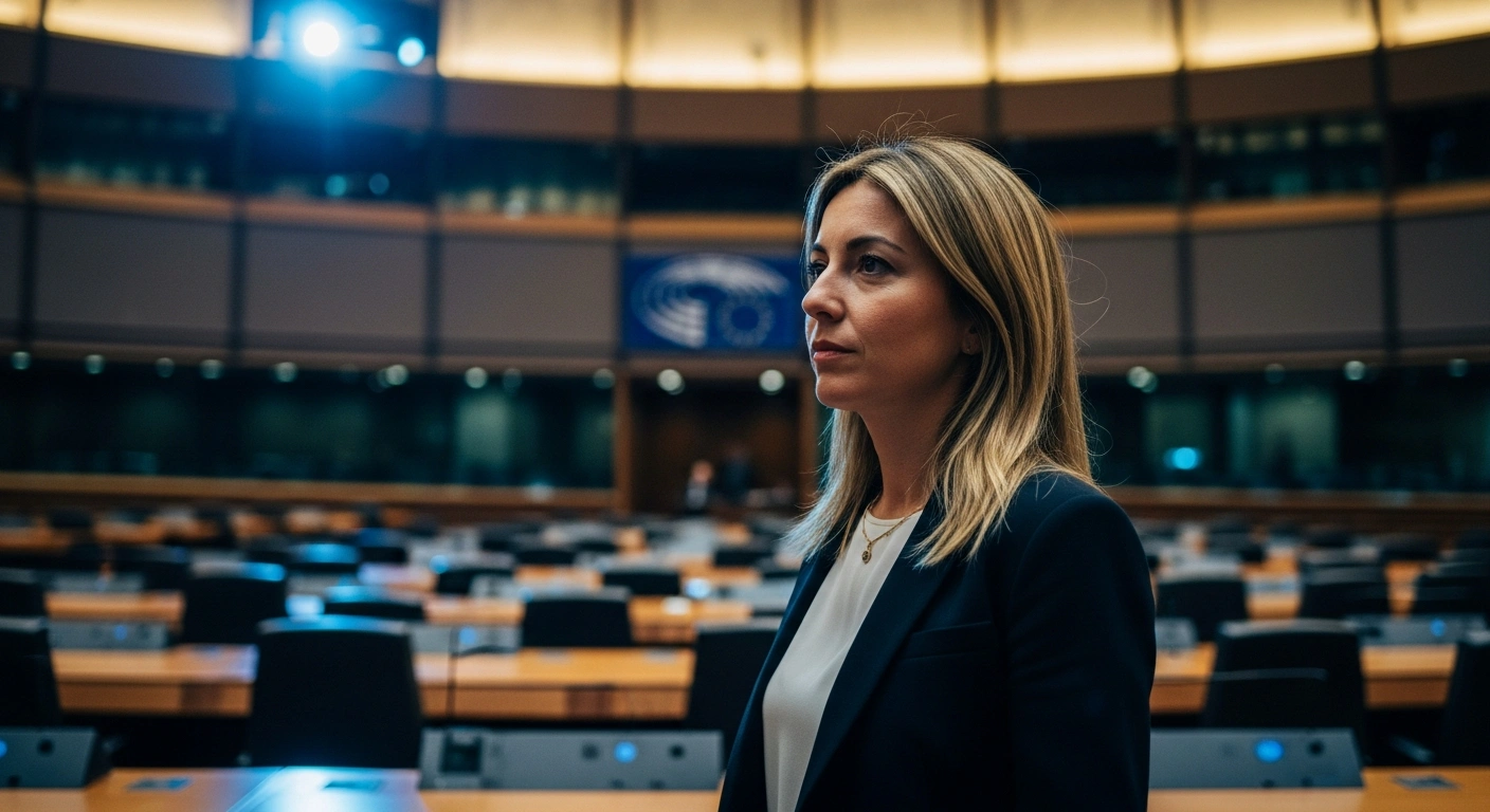 Italian Prime Minister Giorgia Meloni stands in a grand European Union hall while advocating for relaxed budget deficit rules to address economic instability.