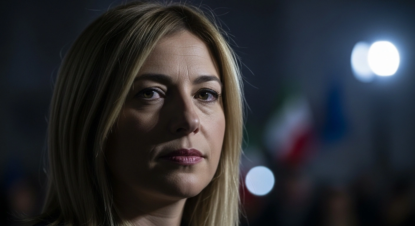 Italian Prime Minister Giorgia Meloni is shown in a medium close-up at an election rally, her serious and determined expression highlighted by dramatic lighting, as she discusses Italy's concerns about the disproportionate reaction in Gaza and the potential occupation of Gaza City.
