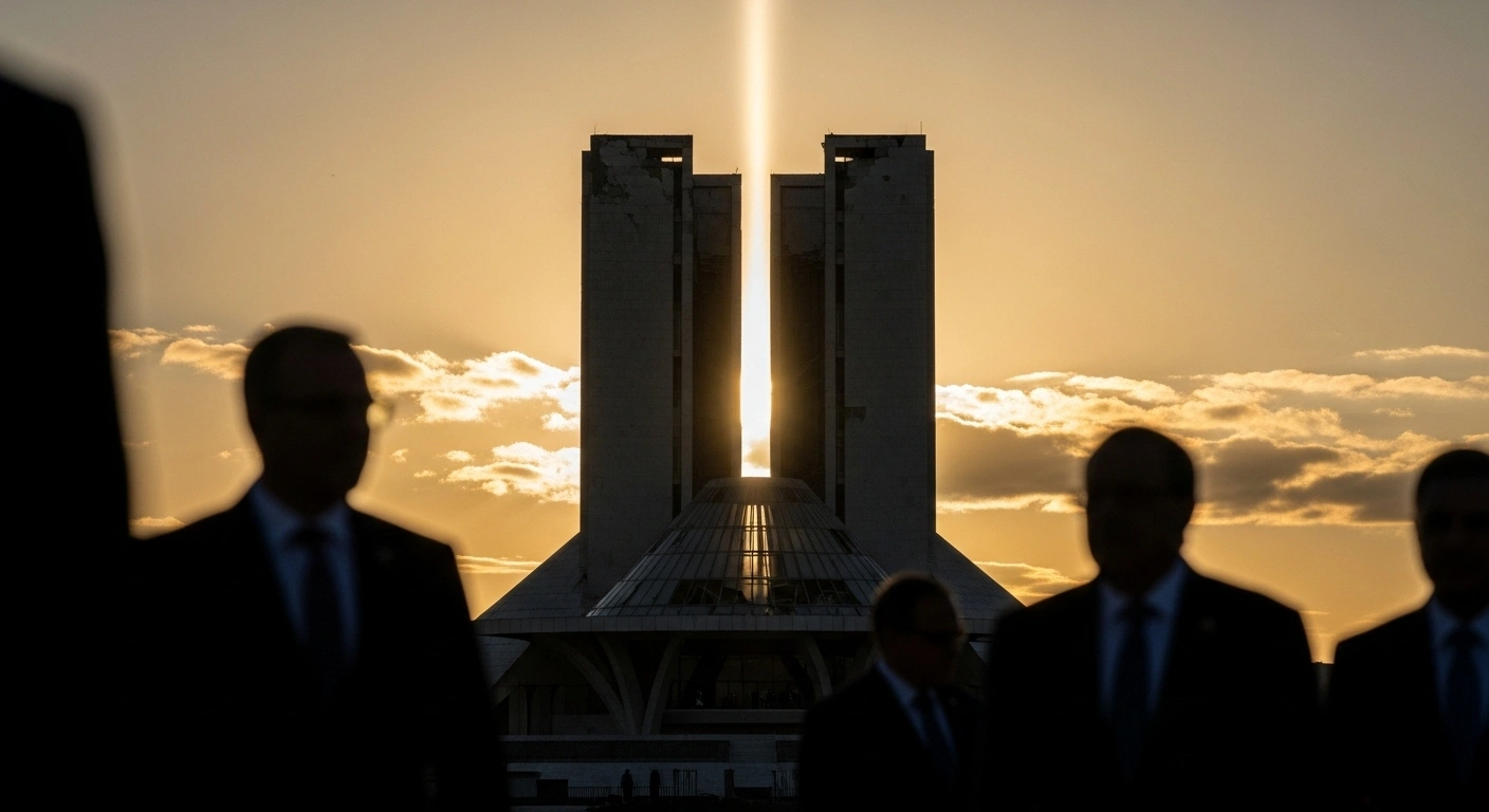 A wide, cinematic shot at golden hour depicts a partially reconstructed modern architectural structure, its clean lines silhouetted against a warm sky, illuminated by a powerful beam of sunlight, symbolizing renewal and progress for the Gaza Strip, with blurred silhouettes of international leaders in the foreground.