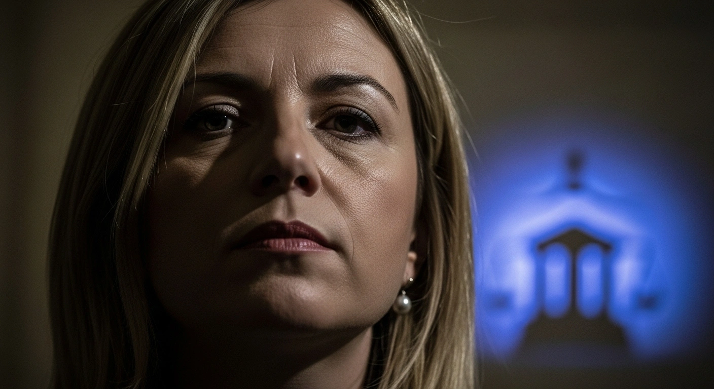 A low-angle, chiaroscuro photograph of Italian Prime Minister Giorgia Meloni, her face showing defiance and gravitas, with a blurred silhouette of a courthouse in the background, symbolizing her report to the International Criminal Court for alleged complicity in genocide related to the Gaza conflict and Italy's arms supplies to Israel.