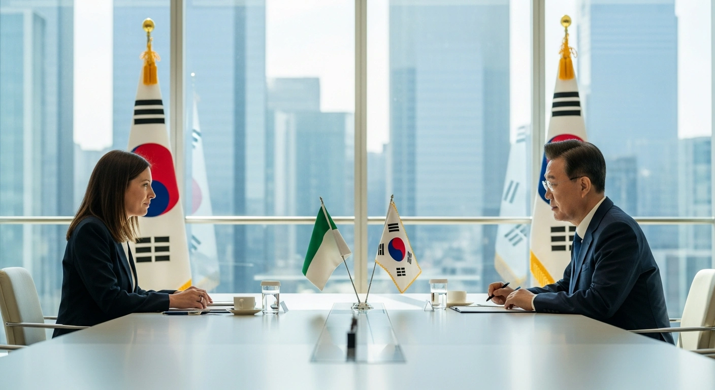 Italian Prime Minister Giorgia Meloni and South Korean President Lee Jae Myung are shown meeting in a modern conference room in Seoul, discussing enhanced bilateral cooperation in trade, investment, artificial intelligence, and defense during a state visit.