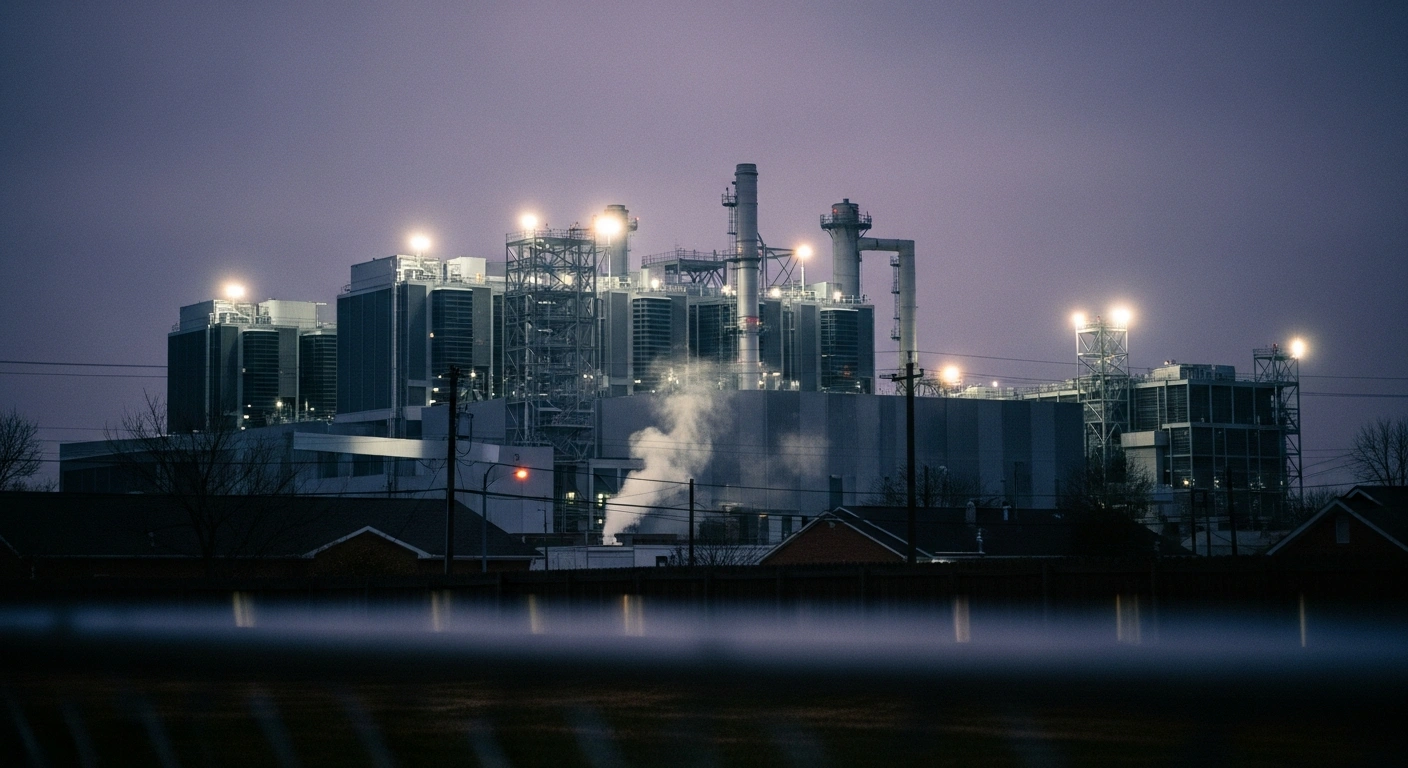 A massive industrial data center complex looms over a residential neighborhood in Memphis, Tennessee, amid concerns regarding noise and air pollution.