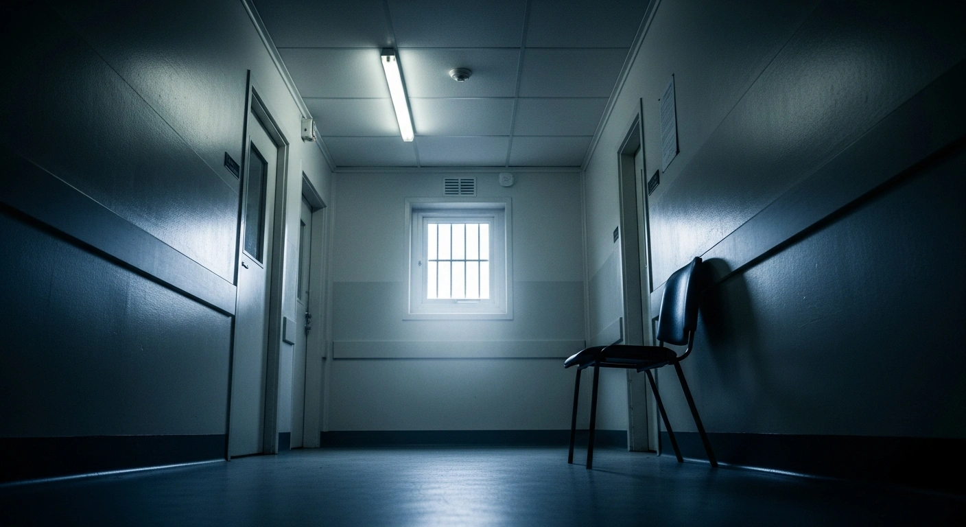 An empty chair sits in a dimly lit, sterile hospital corridor representing the systemic failures in mental health care at the Te Whetu Tawera unit in Auckland.