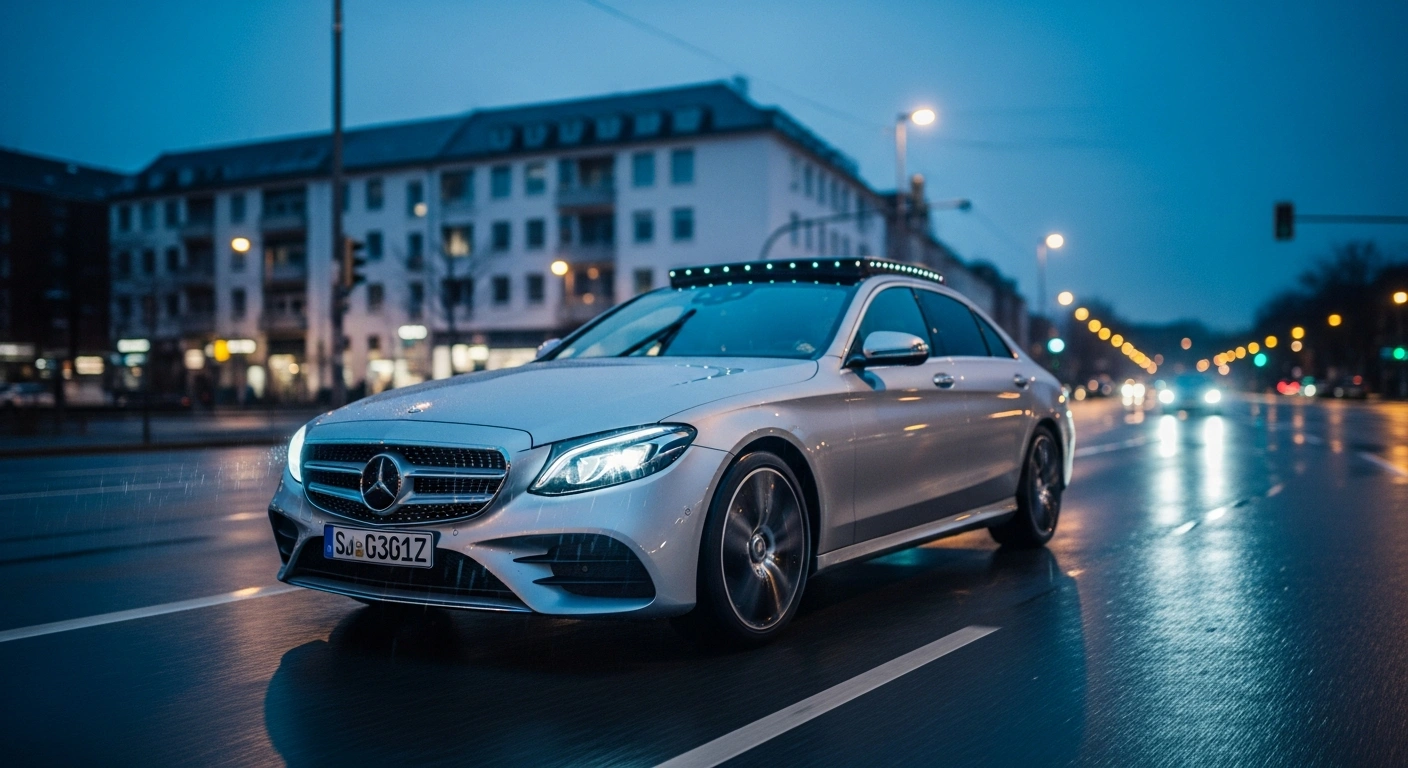 A modern Mercedes-Benz vehicle equipped with advanced autonomous driving sensors navigates a busy German city street at night.