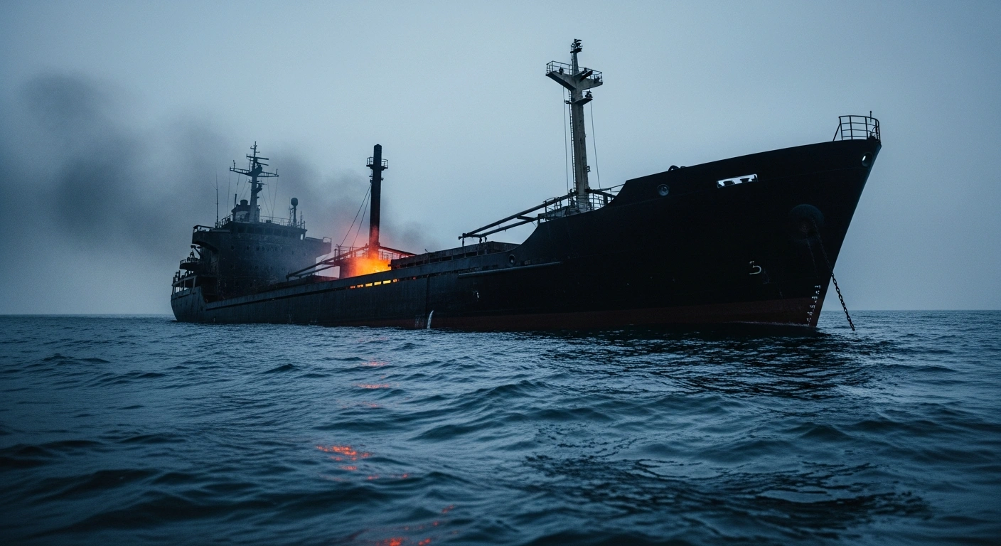 A damaged merchant ship smolders in the sea following a missile strike that resulted in the deaths of four Indian sailors near the Ukrainian coast.