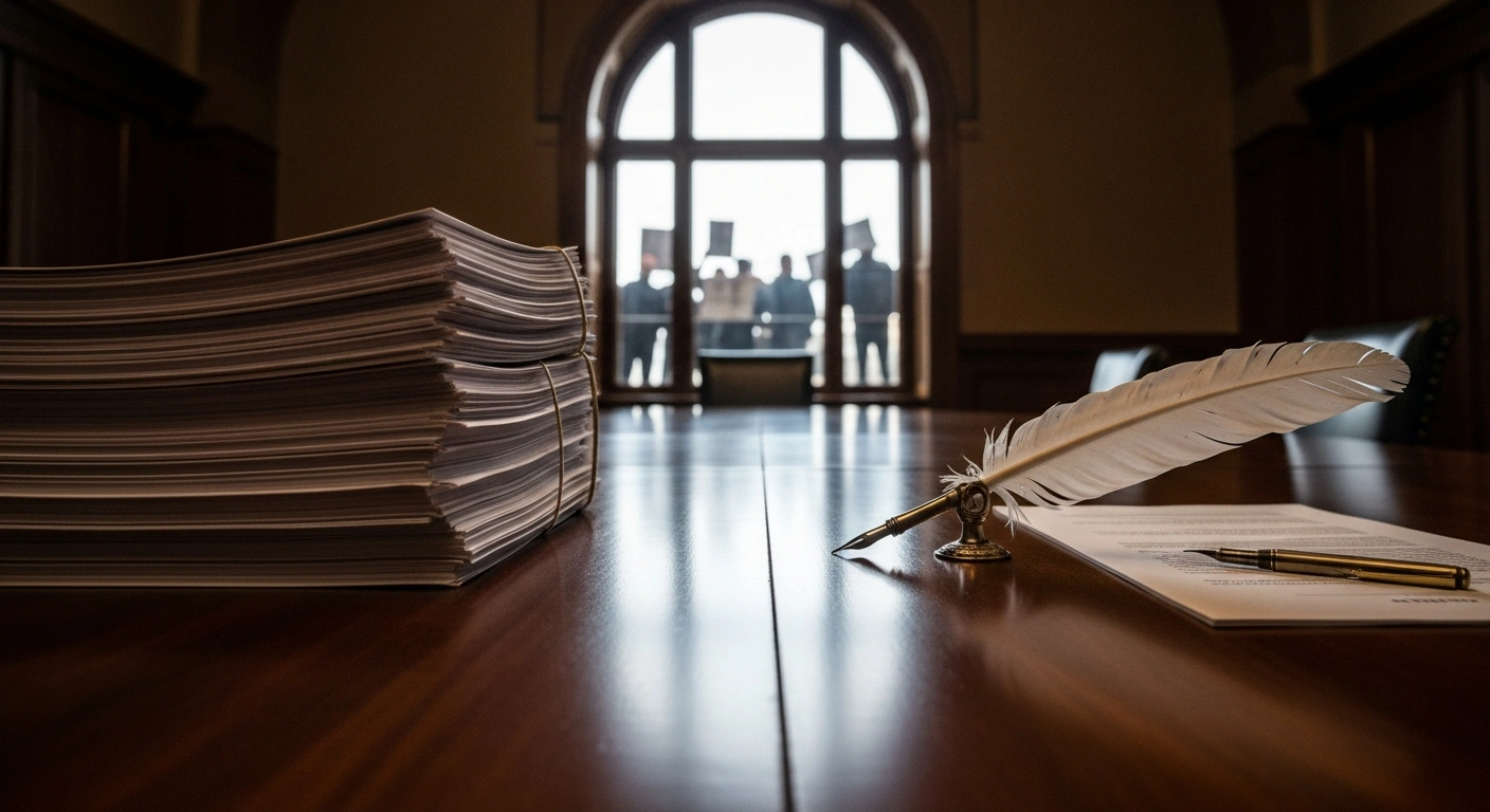 A grand, ornate mahogany negotiating table is shown in soft, diffused light, with a stack of untouched treaty documents on one side and a single, antique quill pen on the other, symbolizing the postponed Mercosur-EU Free Trade Agreement due to farmer protests.
