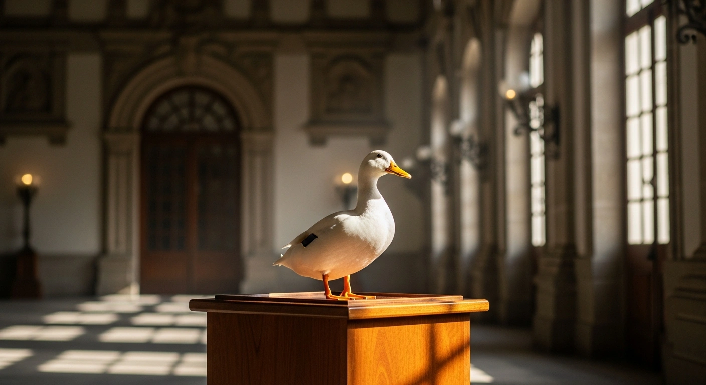 A duck mascot for the 2026 World Cup stands on a podium during President Claudia Sheinbaum's morning press conference at the National Palace in Mexico City.