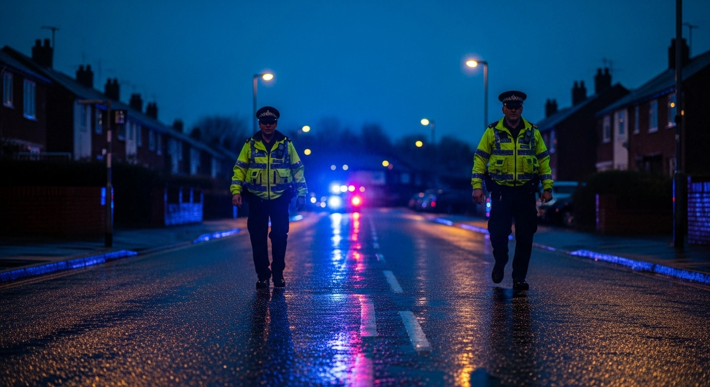 Merseyside Police officers patrol a street in Kirkby under a Section 60 stop-and-search order following reports of a firearm.