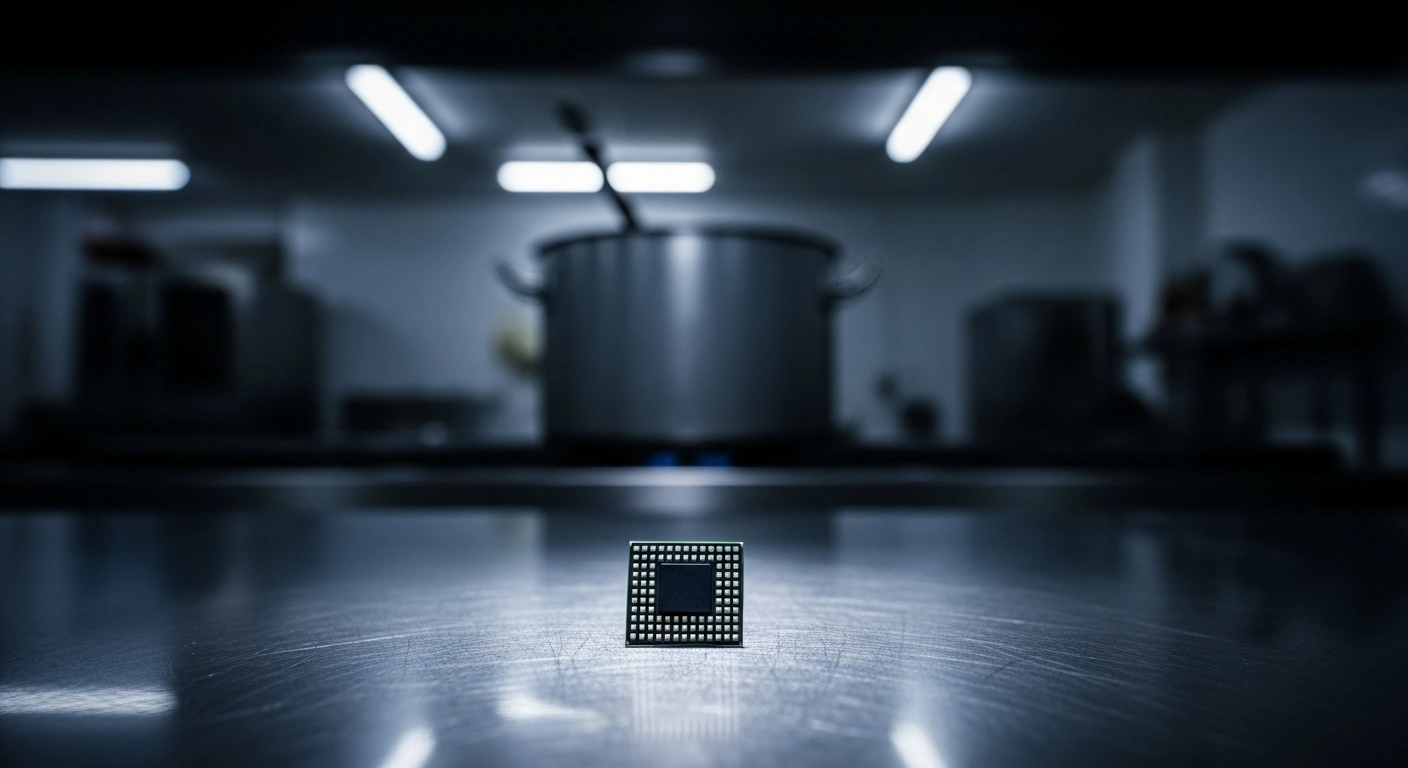 A small electronic microchip lies on a stainless steel counter in a municipal soup kitchen where an investigation into contaminated meat is underway.