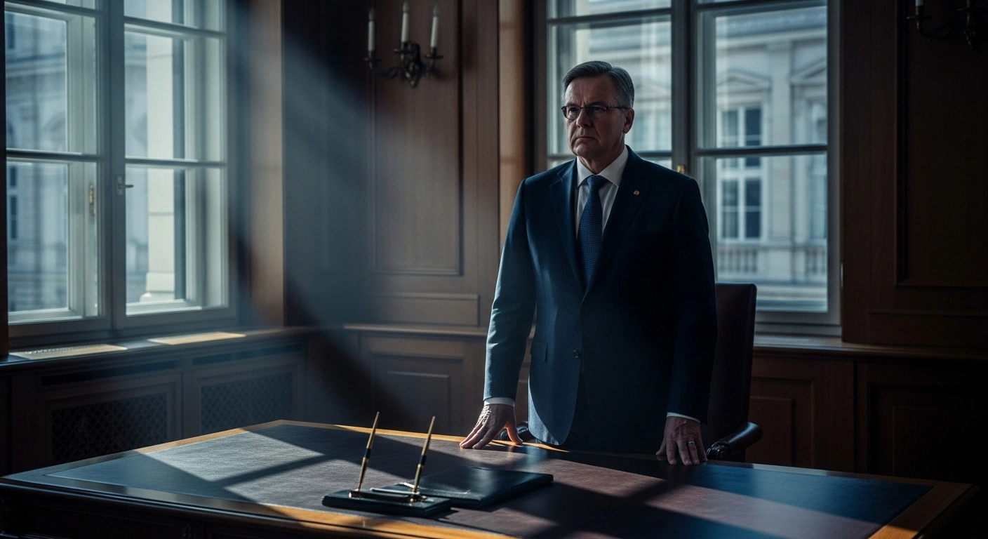 German Chancellor Friedrich Merz stands in his office during a period of cabinet reorganization and political transition in Berlin.
