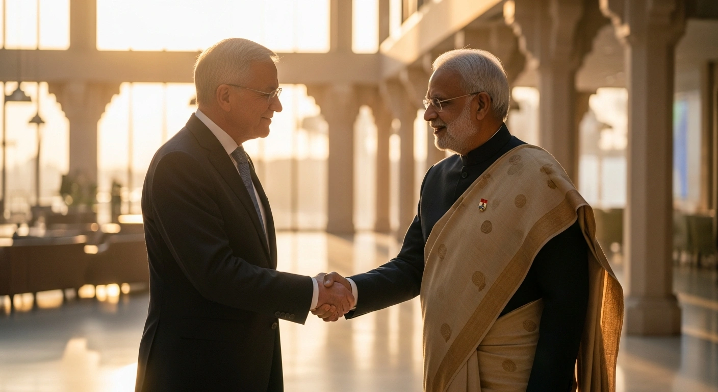 German Chancellor Friedrich Merz shakes hands with an Indian dignitary in a modern hall, symbolizing the deepening strategic and cultural ties during his official visit to India for high-level discussions on trade, defense, technology, and green development.