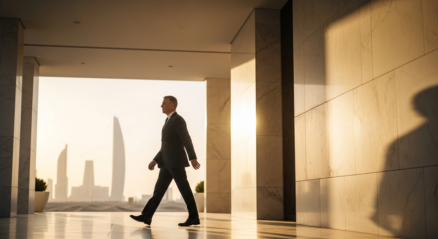 German Chancellor Friedrich Merz walks through a modern architectural space during a diplomatic visit to the Middle East to discuss energy security and economic partnerships.