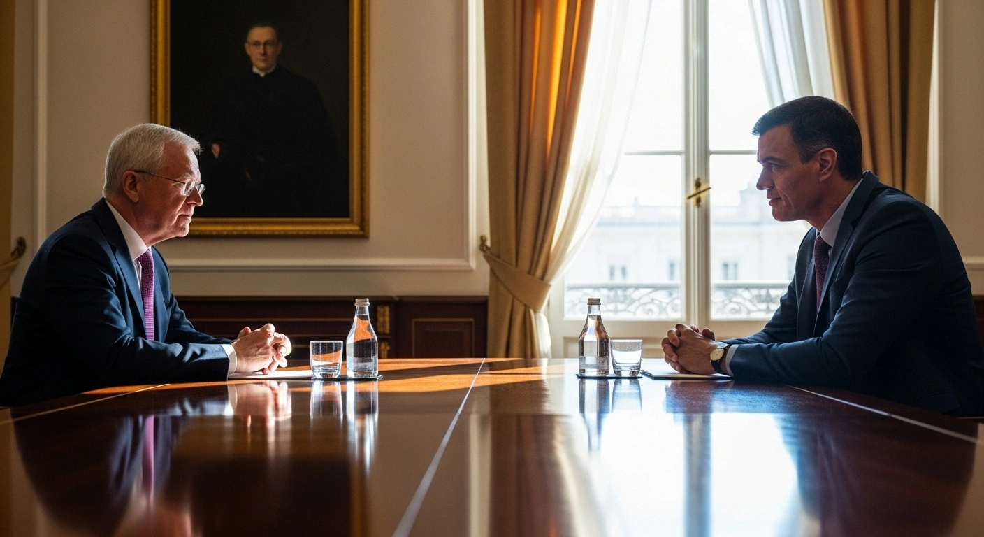 German Chancellor Friedrich Merz and Spanish Prime Minister Pedro Sánchez are seated across a polished conference table in a sunlit room in Madrid, discussing bilateral cooperation, European policy, and security, with subtle visual cues hinting at their differing stances on Israel's actions in Gaza.