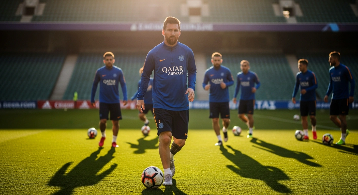 Lionel Messi and the Argentina national football team participate in a high-intensity training session on a soccer field to prepare for a World Cup knockout match.