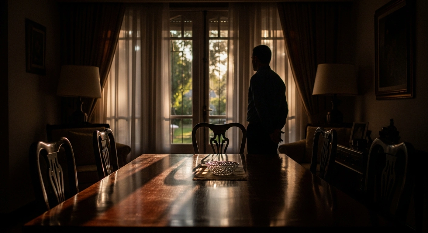 A somber, cinematic scene of a man standing in a dimly lit room representing the private family life of Lionel Messi during his father Jorge Messi's health concerns.