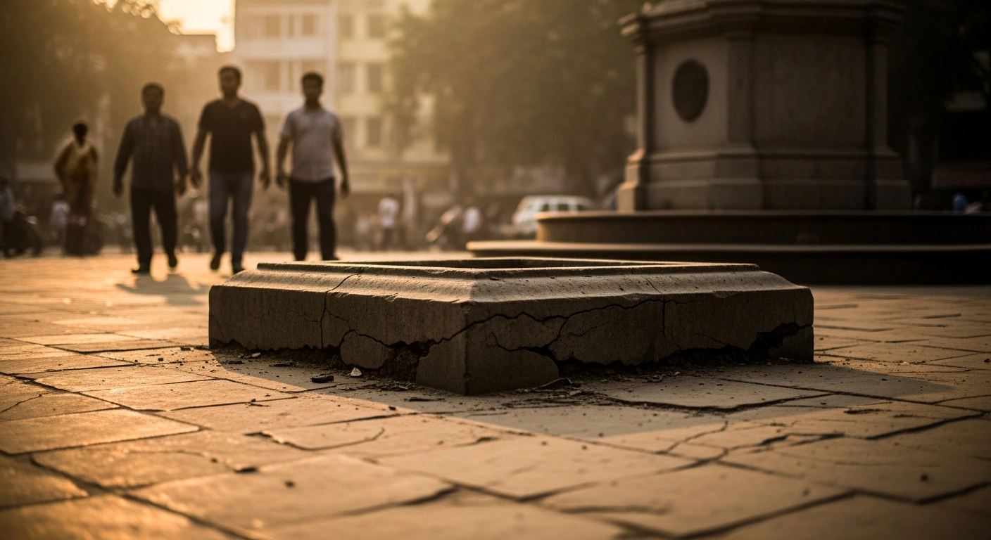 The empty pedestal of a dismantled Lionel Messi statue stands in a public square in Kolkata after authorities removed the structure due to safety concerns.
