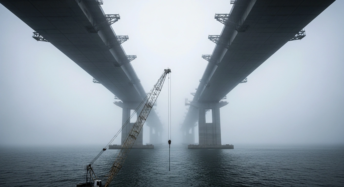 A partially constructed, skeletal bridge structure shrouded in thick fog over a dark body of water, with an idle construction crane in the foreground, symbolizing the blocked Messina Bridge project in Italy due to financial, environmental, and seismic concerns.