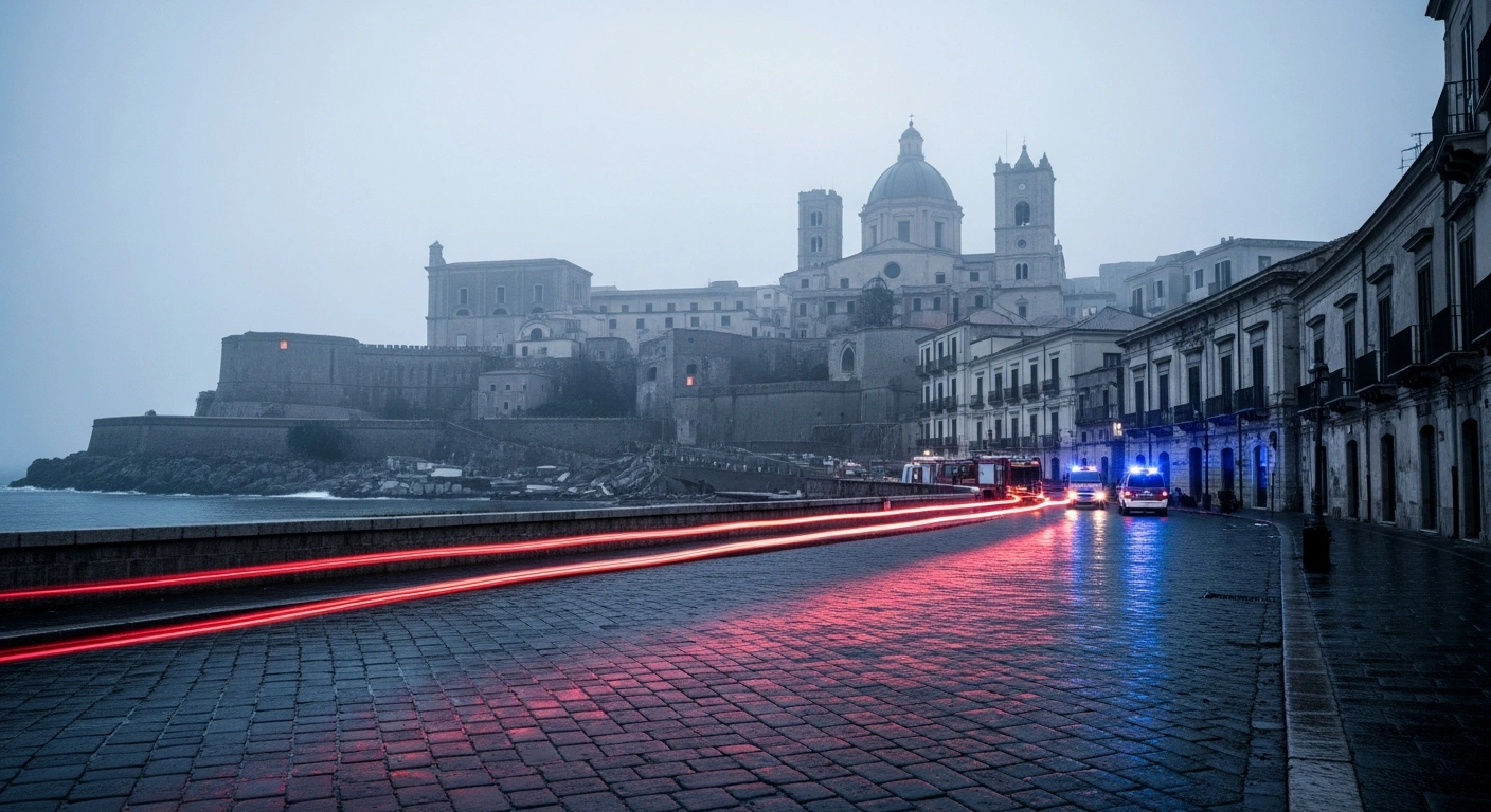 Emergency vehicles with flashing lights patrol the streets of Messina, Sicily, following a magnitude 4.7 earthquake.