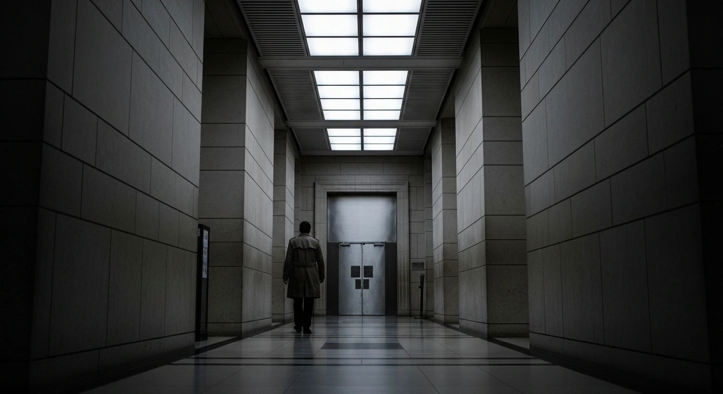 A silhouetted figure walks through a dark, sterile government hallway, representing the Metropolitan Police's controversial legal spending on undercover officer secrecy.