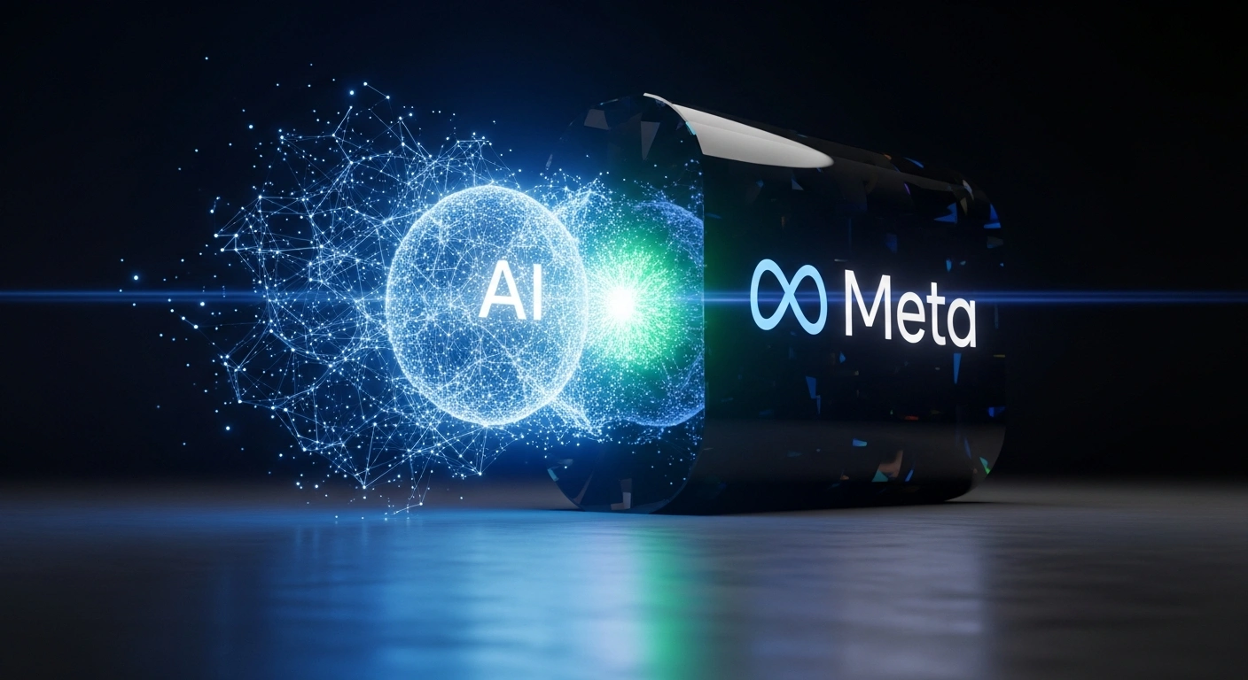 A visual representation of advanced AI neural pathways, symbolizing Manus, merging into a large, polished structure resembling Meta's logo, depicting Meta Platforms' acquisition of Manus, a Singapore-based AI startup, to boost its AI capabilities.