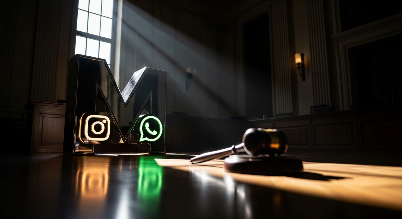 A low-angle shot in a grand, modern courtroom features a polished chrome 'M' symbol, subtly integrating the Instagram and WhatsApp logos, standing prominently under a dramatic beam of light, while a heavy gavel lies on its side in the foreground, symbolizing a U.S. federal judge's decision to dismiss the FTC's antitrust challenge against Meta Platforms Inc., allowing it to retain Instagram and WhatsApp.