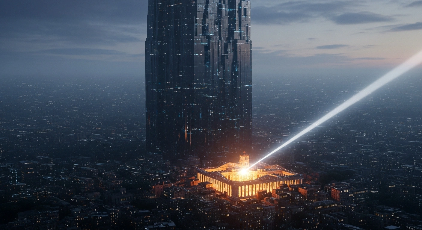A futuristic digital cityscape features a towering, dark structure representing Meta, with a brightly lit, distinct district symbolizing Italy, standing apart from a surrounding digital barrier, illustrating Meta's compliance with an Italian antitrust authority order to exclude Italy from its global ban on rival AI chatbots on WhatsApp.