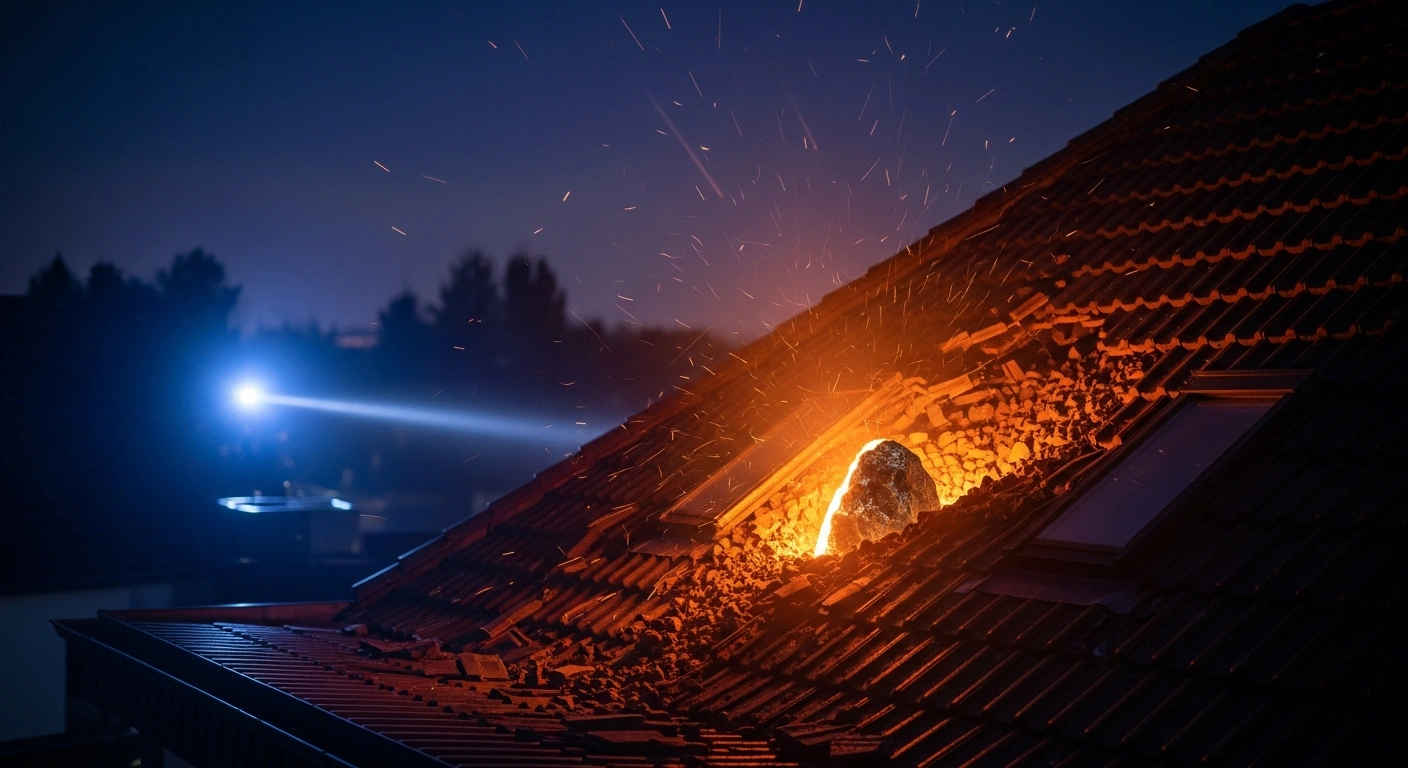 A glowing meteorite fragment is embedded in the damaged roof of a residential home in Koblenz, Germany, following an astronomical impact event.