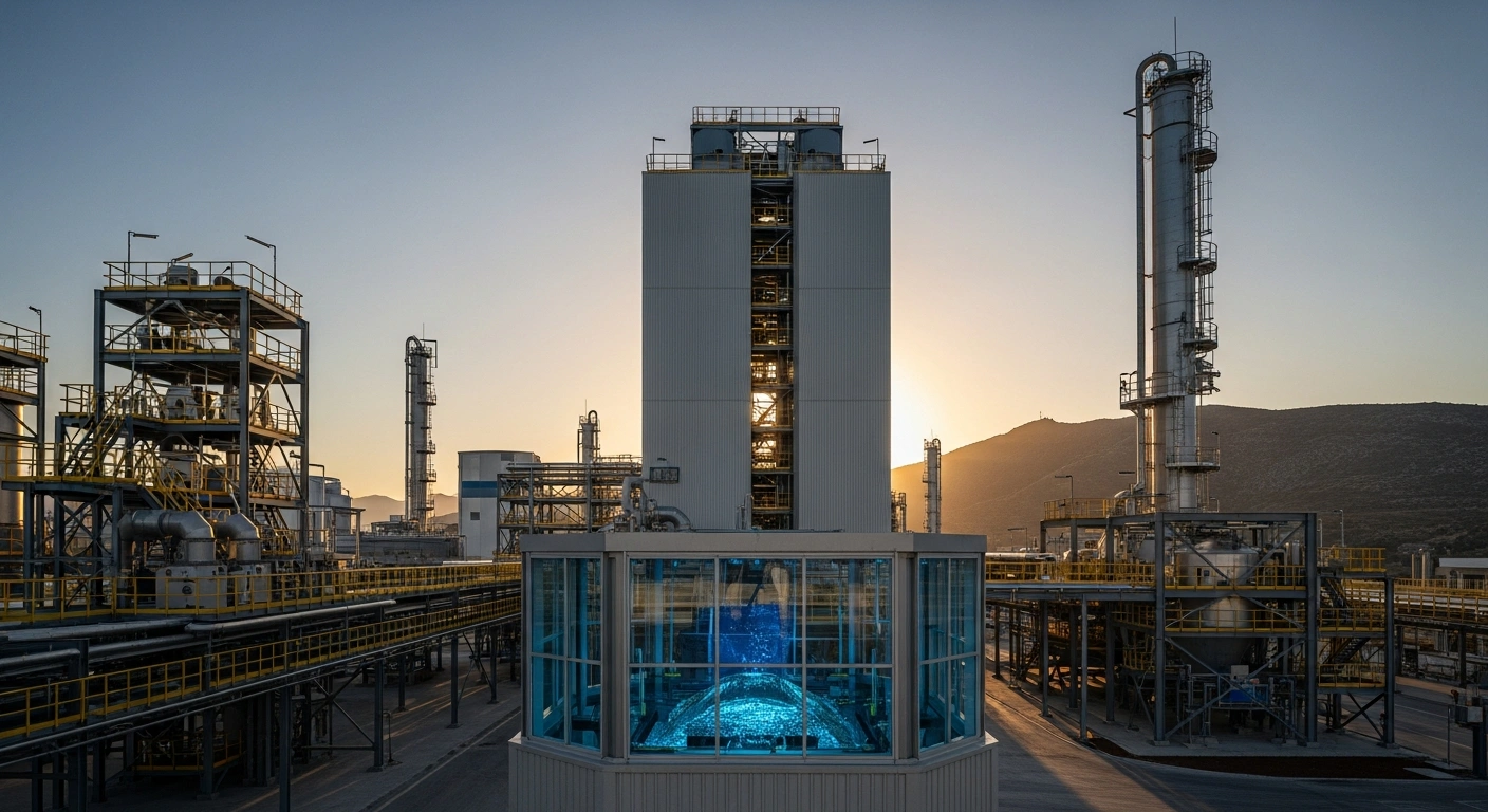 A wide, low-angle shot at dawn shows a futuristic industrial complex in Greece, featuring a towering production facility with a central, glass-paneled chamber emitting a subtle blue glow, symbolizing Metlen's investment in Europe's first industrial gallium production unit.