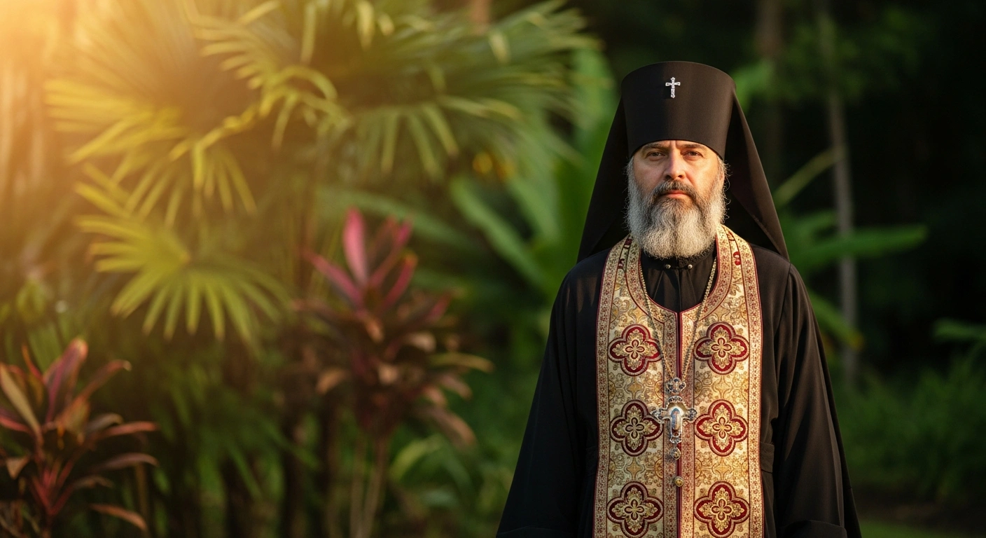 Metropolitan Hilarion stands in his traditional black clerical vestments amidst the lush, green landscape of southern Brazil.