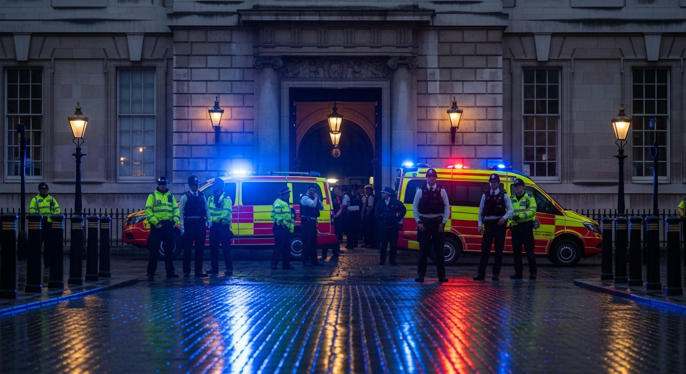 Metropolitan Police officers stand outside the Quaker Meeting House in Westminster following the arrest of fifteen individuals involved in a shoplifting operation.