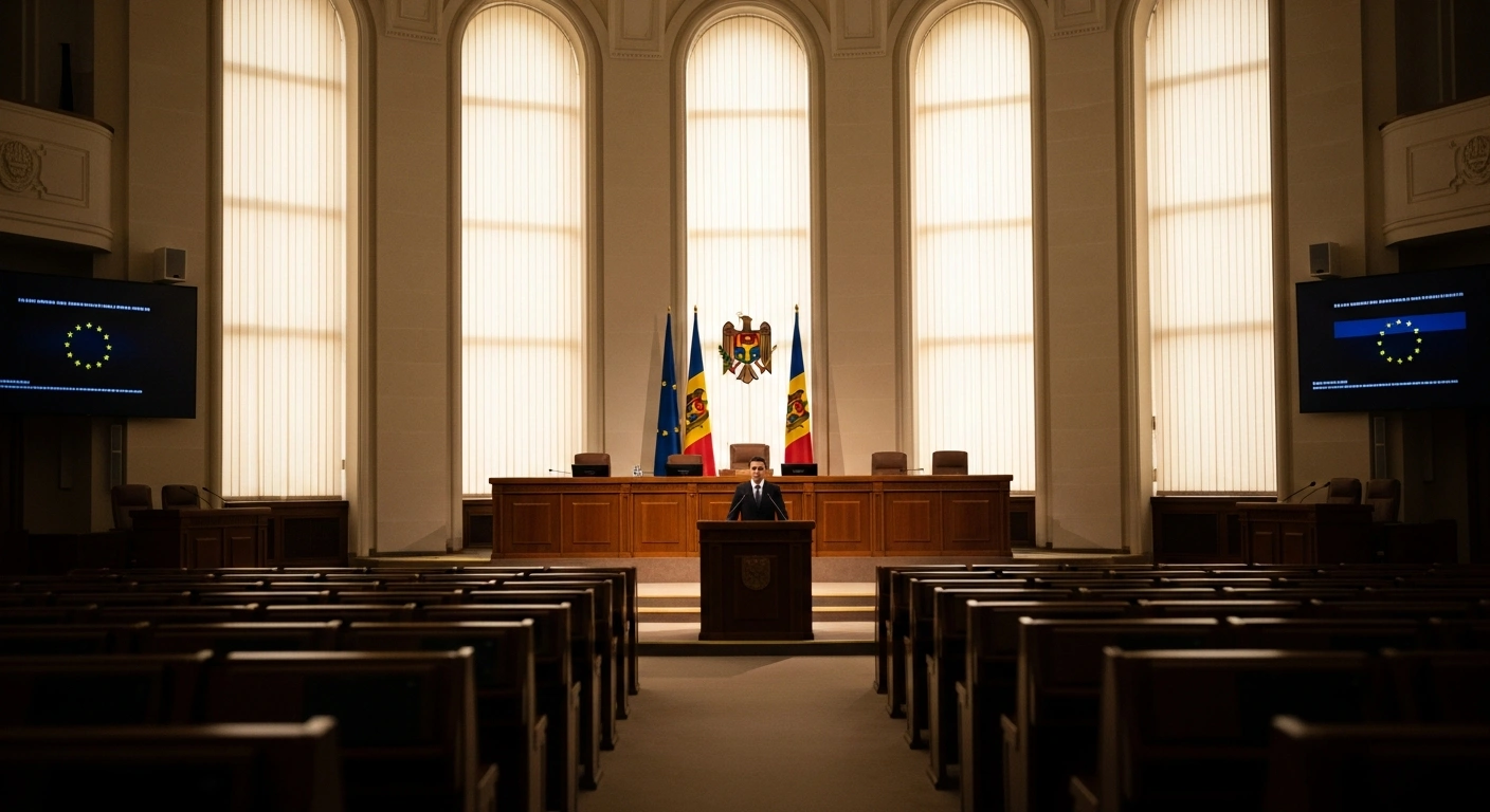 European Parliament President Roberta Metsola delivers a speech from a podium in a grand parliamentary chamber, symbolizing the EU's unwavering support for Moldova's European integration and accession path.