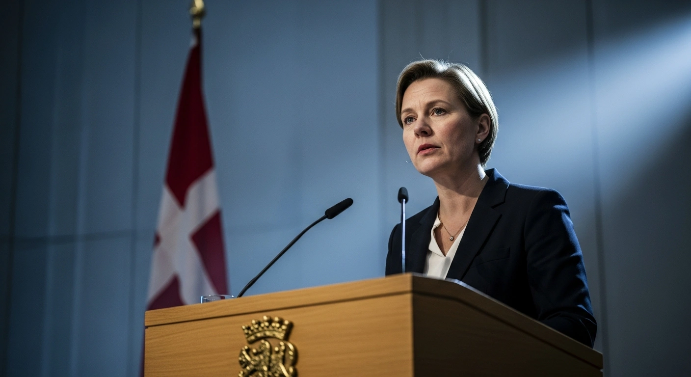 A resolute figure, representing Prime Minister Mette Frederiksen, stands at a polished wooden podium under stark lighting, delivering a New Year's speech announcing a deportation reform for foreign nationals convicted of serious crimes in Denmark.