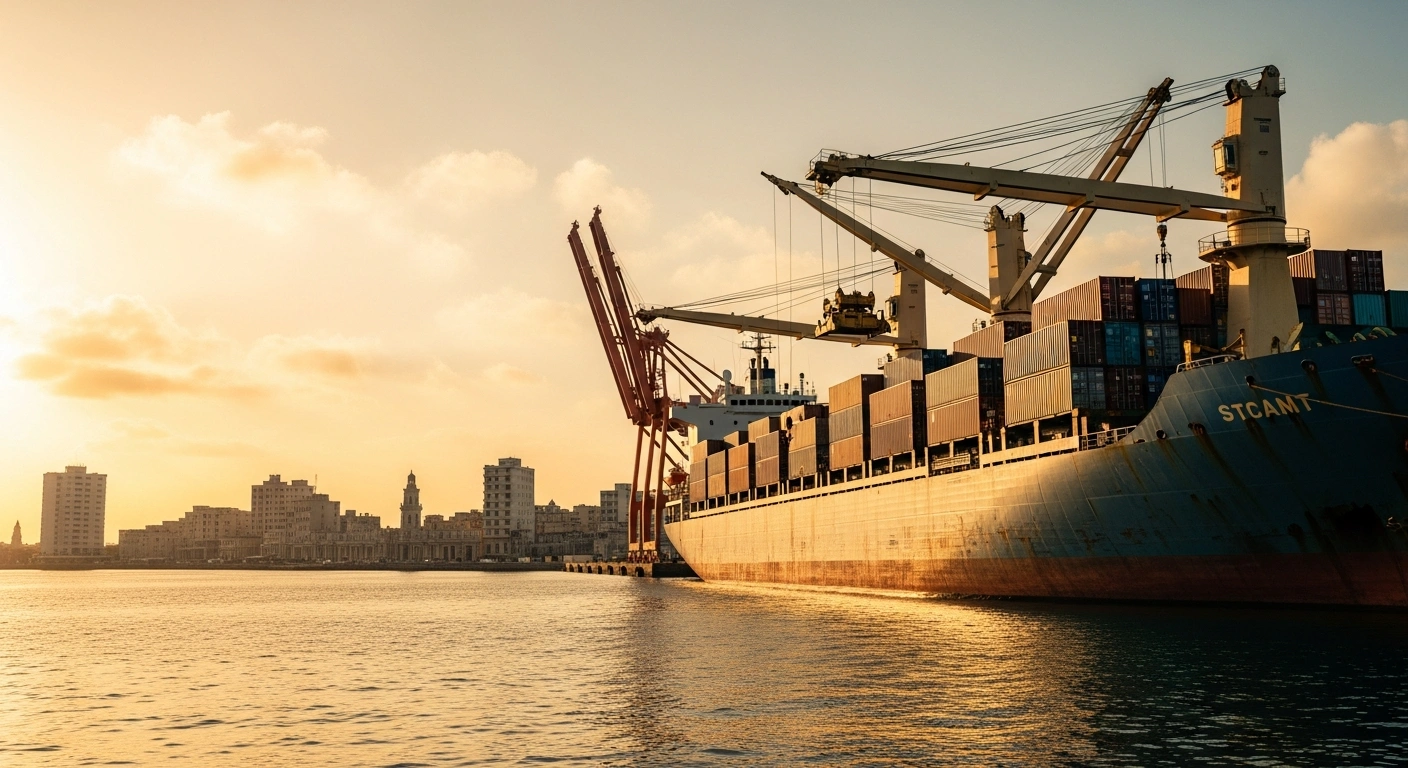 A Mexican merchant ship arrives at a port in Havana, Cuba, to deliver humanitarian aid to the island nation.