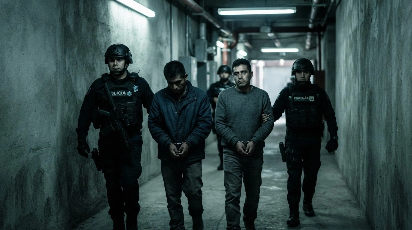 Mexican authorities escort two suspects in handcuffs following their arrest in connection to the abduction and murder of mine workers in Sinaloa.