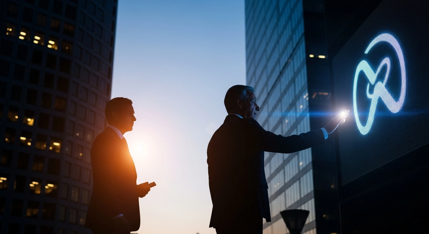 A cinematic image depicts two silhouetted figures against a twilight city skyline, symbolizing Mexican businessman Fernando Chico Pardo's acquisition of a 25% equity stake in Banamex from Citigroup for approximately 42 billion pesos (2.3 billion US dollars), with one figure extending a hand towards a glowing bank logo.