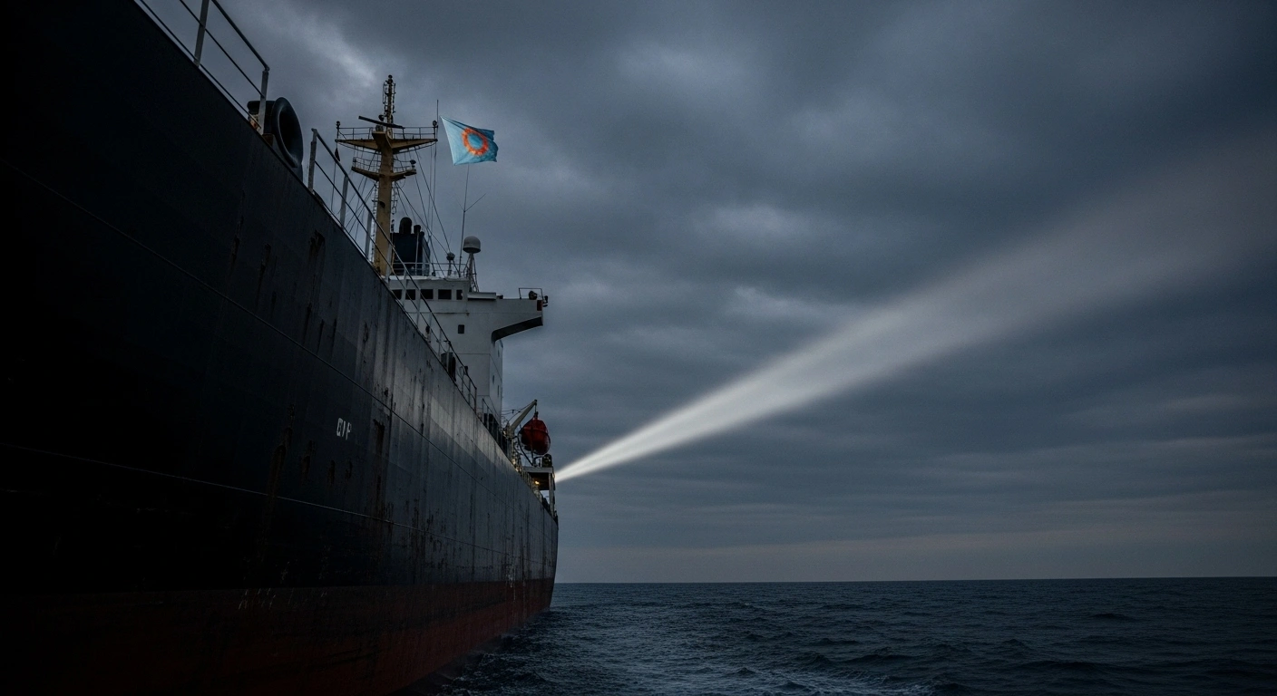 A low-angle view of the stern of a large, weathered cargo ship under a stormy twilight sky, with a searchlight beam cutting across turbulent water and a small humanitarian flag visible on the mast, symbolizing the intercepted Global Sumud Flotilla carrying humanitarian aid to Gaza and the detention of Mexican citizens by Israeli authorities.