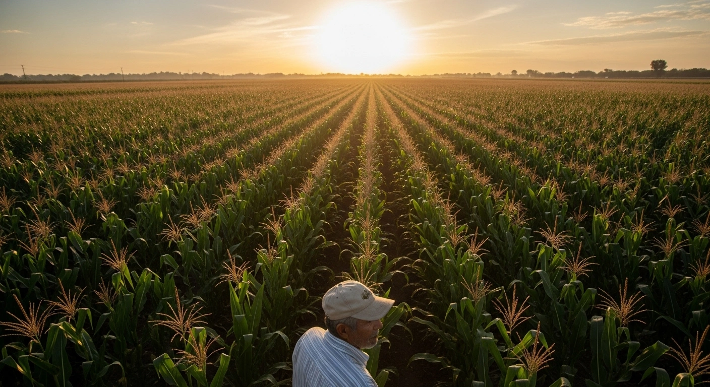 A weathered Mexican corn farmer stands in a vast cornfield at dawn, gazing at the horizon, representing the small-scale producers who reached an agreement with the government for a 950 pesos per tonne subsidy to alleviate falling international prices and rising production costs.