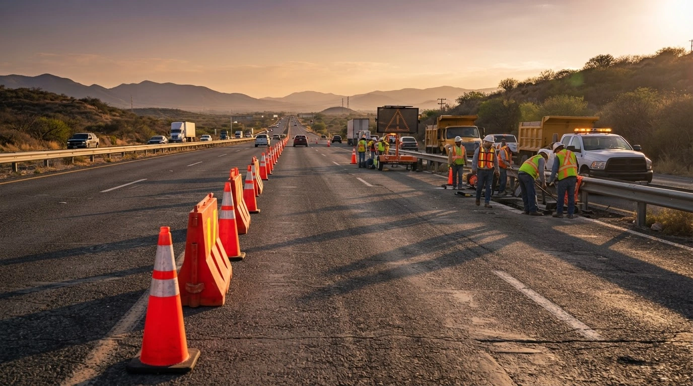 A maintenance crew works on a major Mexican highway during a sunset as traffic flows slowly through a designated work zone.