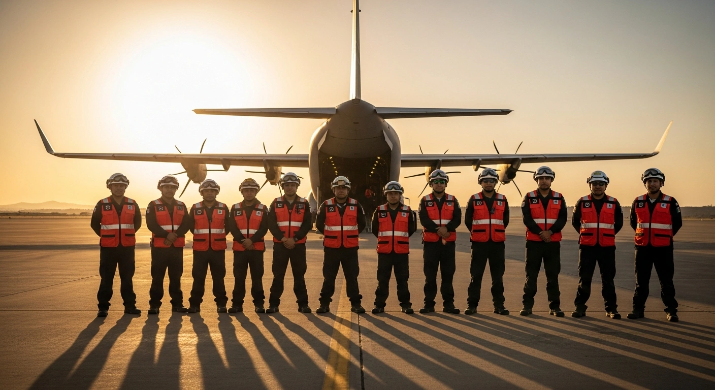 Members of the Mexican humanitarian mission Yumare stand on an airport tarmac after returning from search and rescue operations in Venezuela.