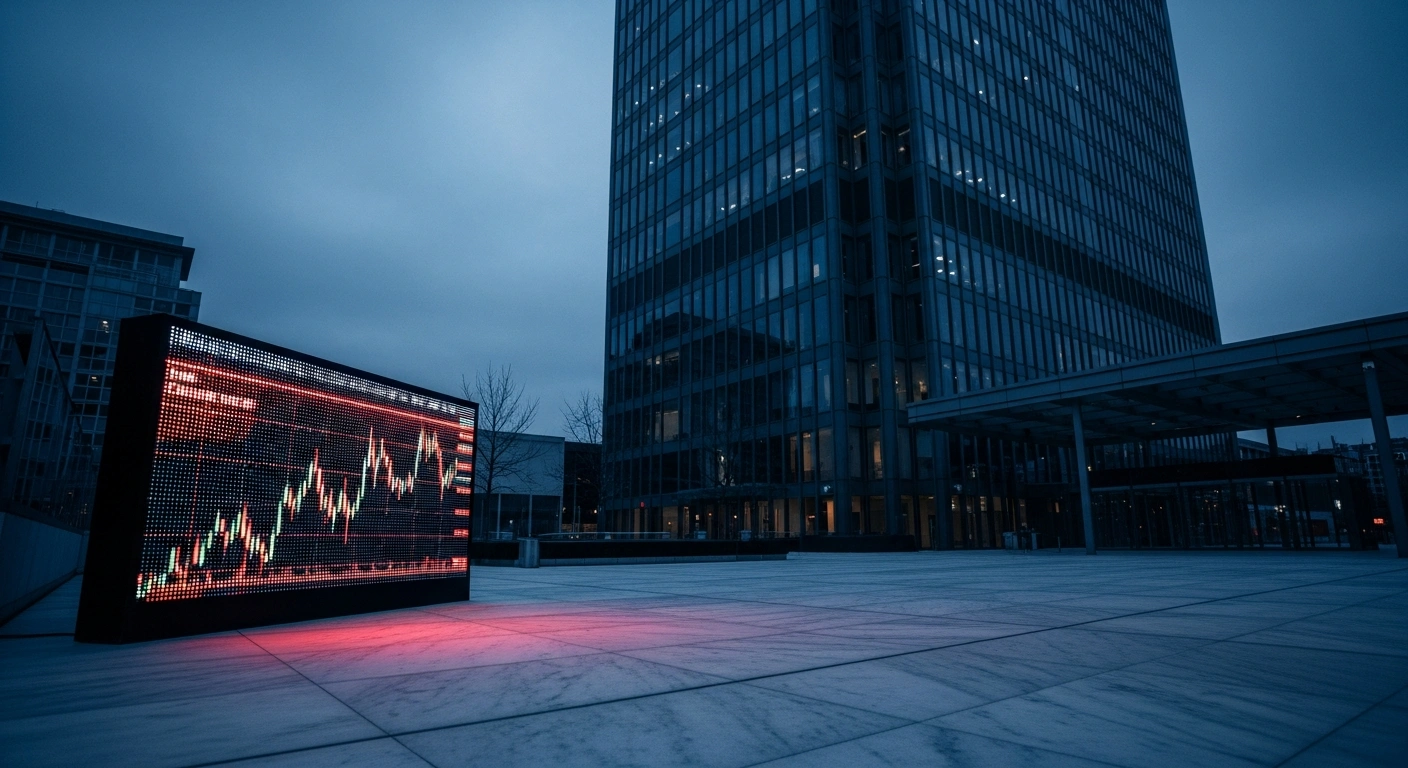 A digital financial chart showing a downward trend in the Mexican Stock Exchange and the Mexican peso against a backdrop of a modern city skyline.