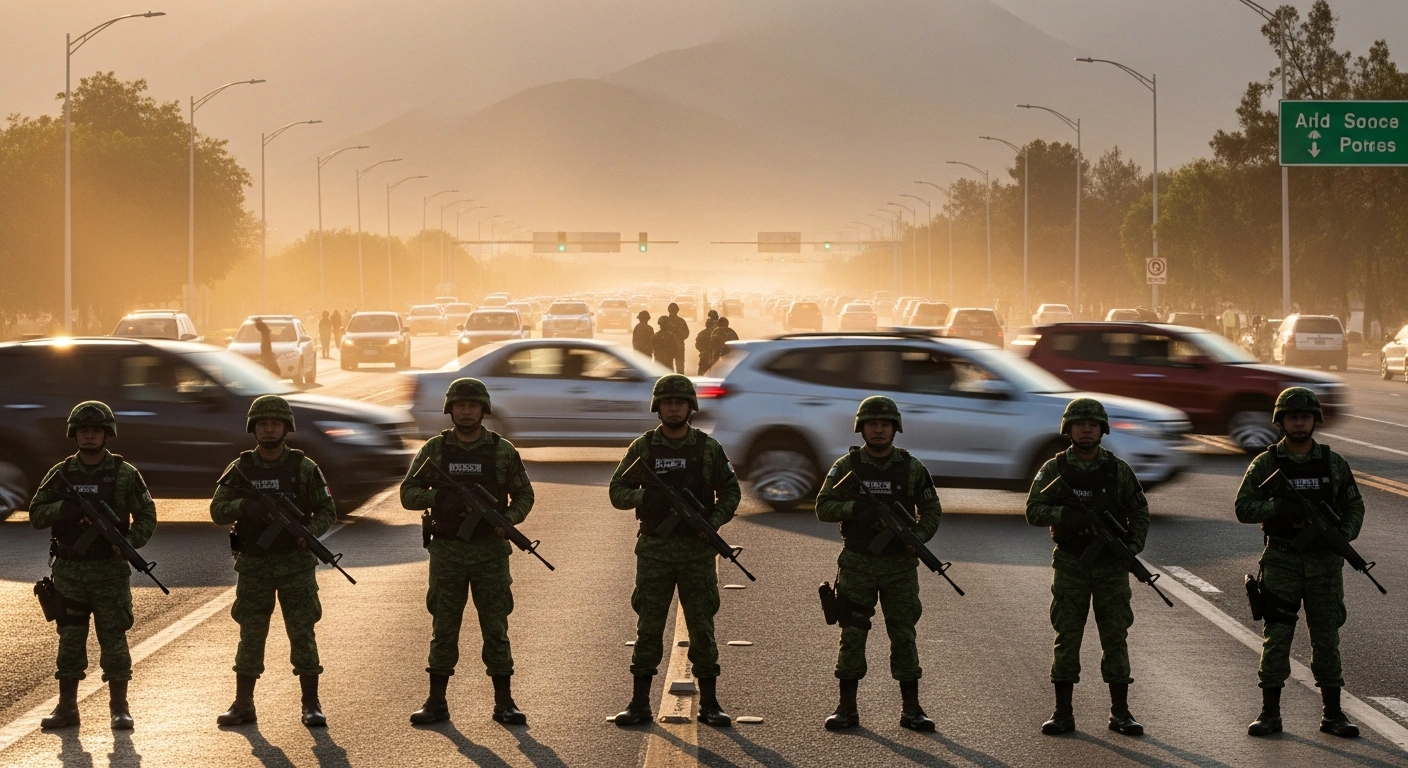 Mexican National Guard personnel stand watch at a highway checkpoint to ensure public safety during the busy Semana Santa holiday.