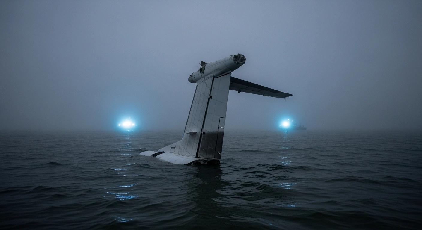 The mangled tail section of a Mexican Navy Beech King Air 350i aircraft, which crashed during a humanitarian medical mission, protrudes from the dark, foggy waters of Galveston Bay near Scholes International Airport, illuminated by distant emergency lights.