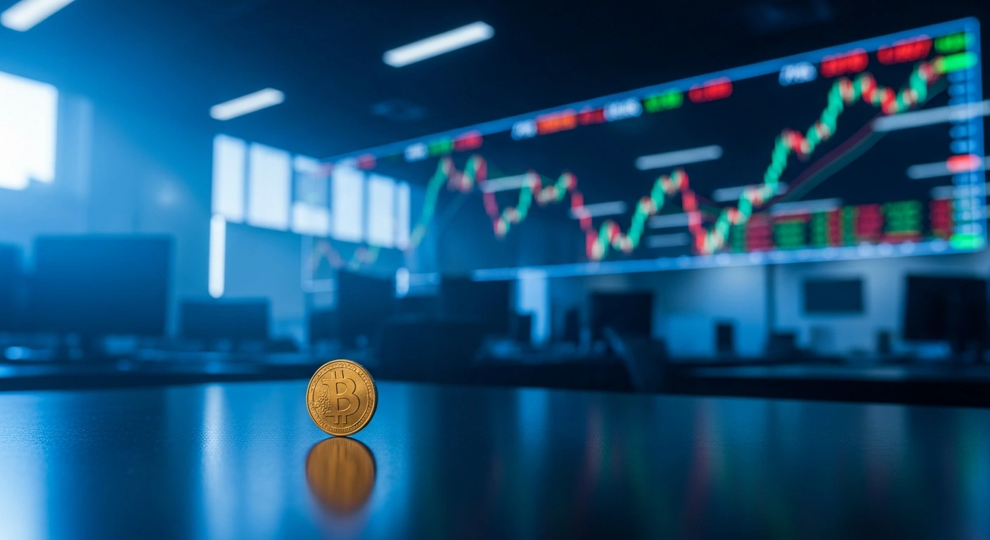 A single Mexican peso coin sits on a desk in front of blurred financial charts representing the currency's volatility against the US dollar.