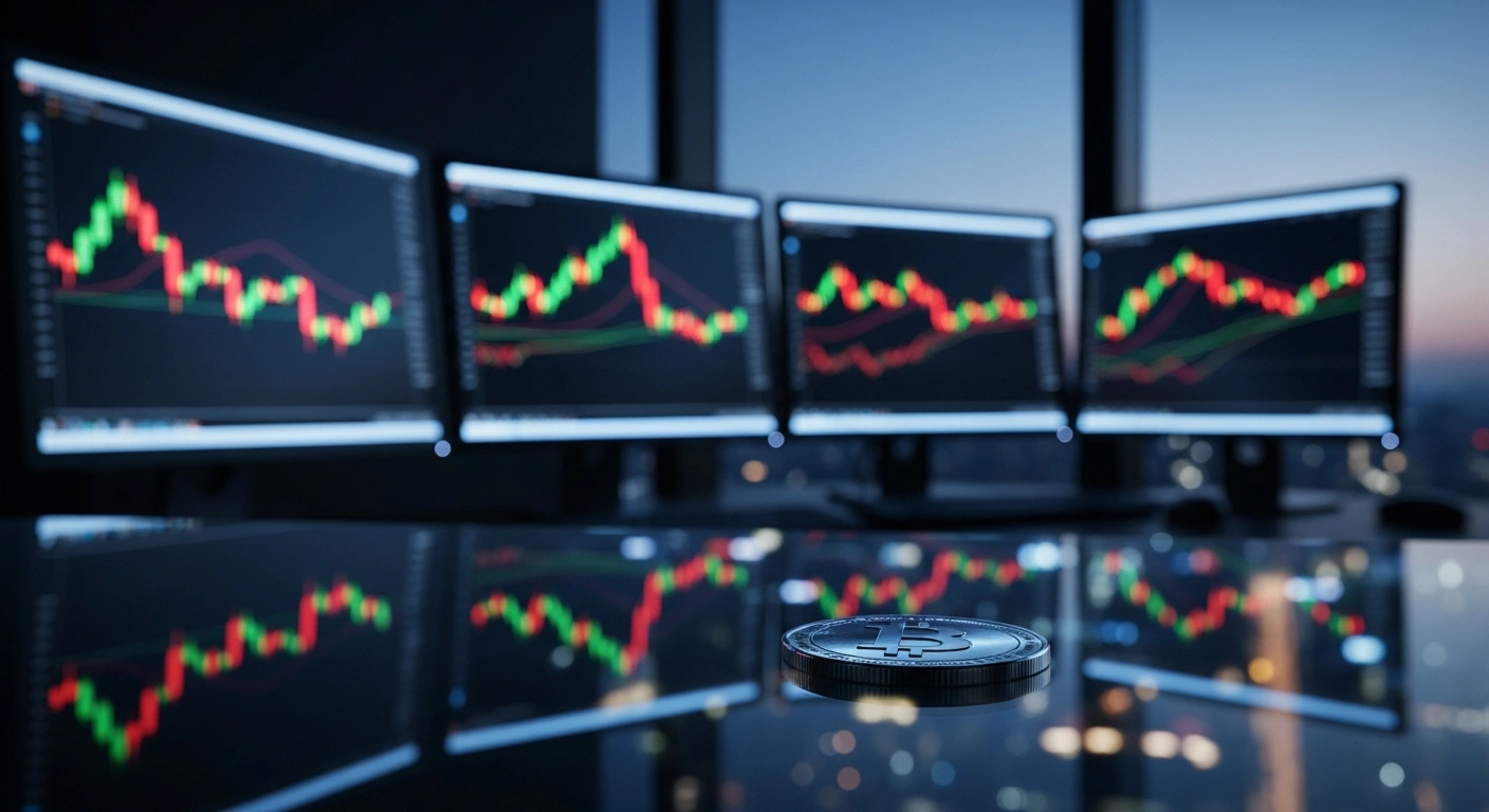 A metallic coin sits on a dark desk in front of glowing financial charts representing the exchange rate between the Mexican peso and the U.S. dollar.