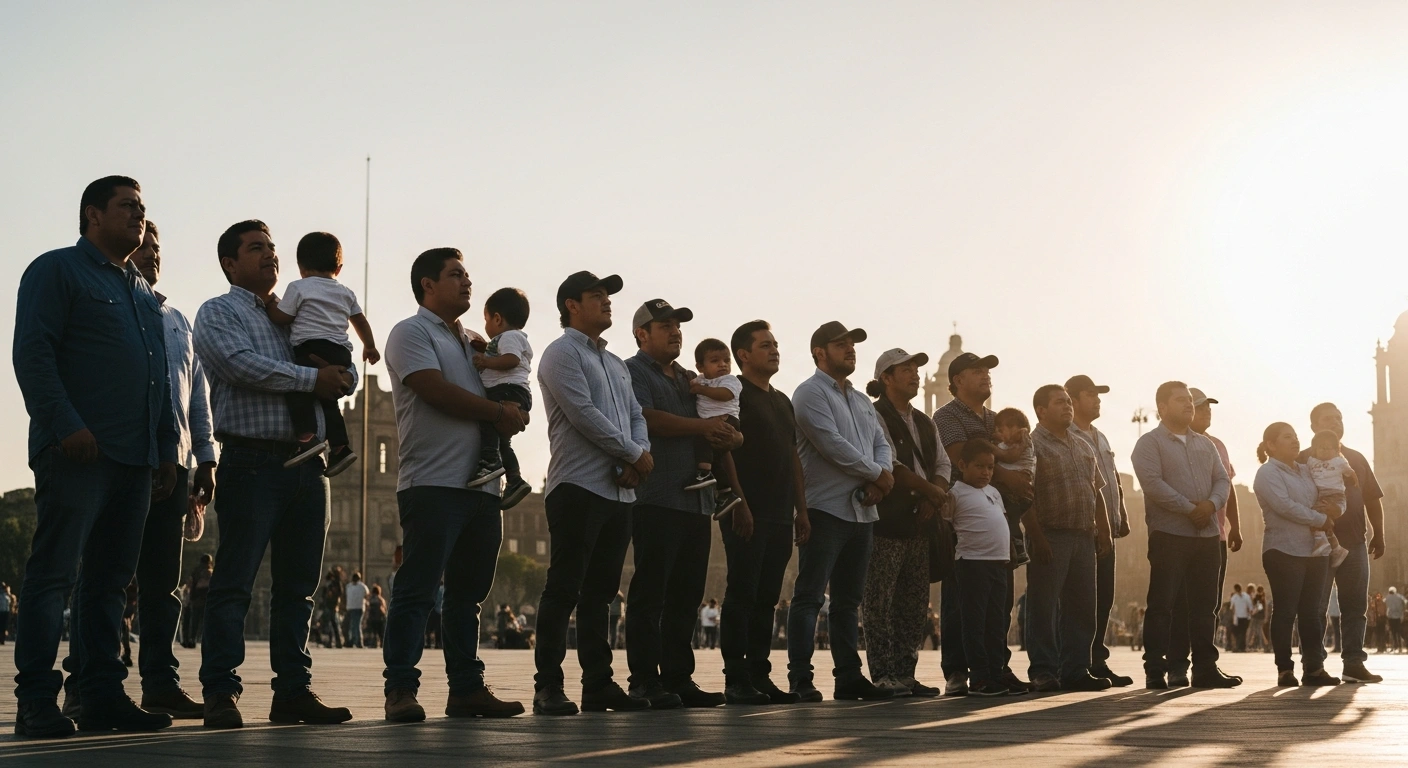 A diverse group of Mexican workers and their families stand together in the warm, golden light of late afternoon, looking towards a distant horizon, symbolizing the approved reform to gradually reduce the legal work week from 48 to 40 hours in Mexico.