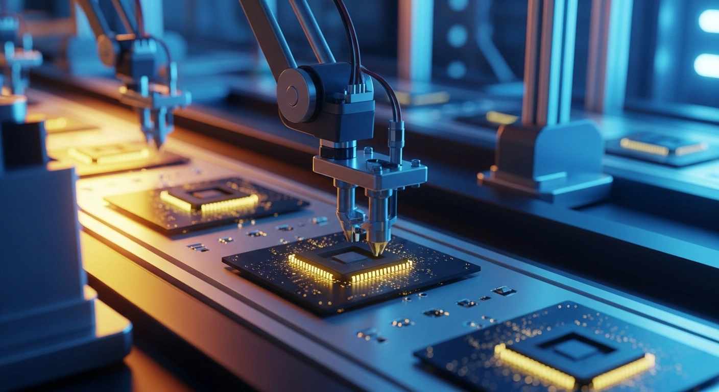 Robotic arms assemble advanced electronic components in a modern Mexican manufacturing facility to support the growing global AI supply chain.