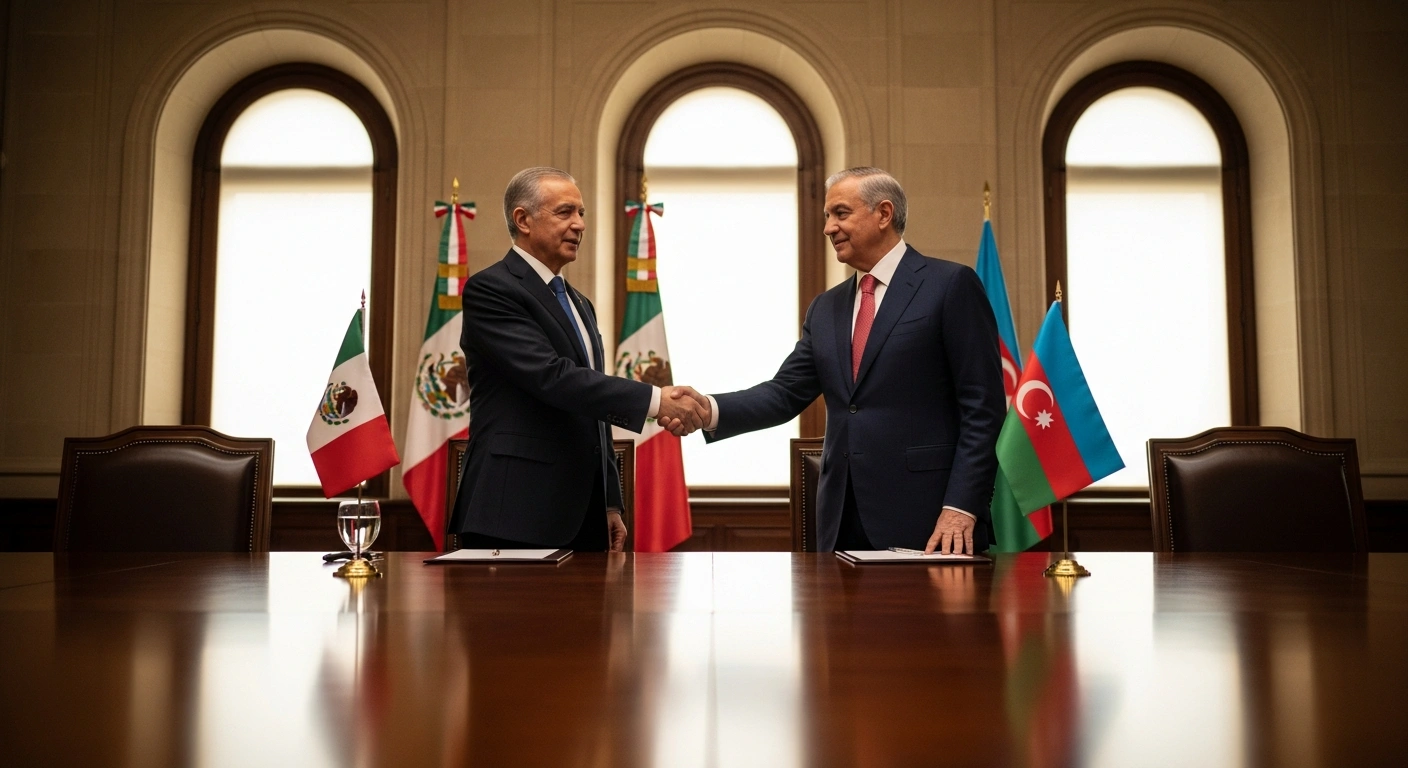 Two high-ranking officials, representing Mexico and Azerbaijan, shake hands at a polished table in a stately parliamentary chamber, symbolizing the inaugural meeting of the Mexico-Azerbaijan Interparliamentary Friendship Group to strengthen bilateral ties.