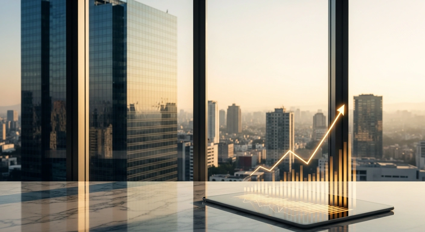 A modern office desk with a tablet showing financial growth charts overlooking a bustling Mexico City skyline, representing record-breaking profits for Mexican private banks.