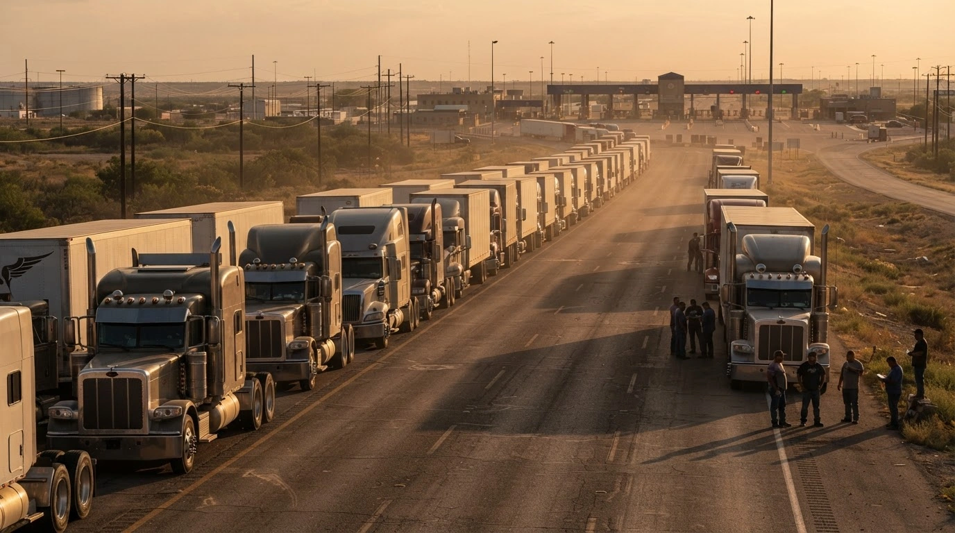 A long line of commercial semi-trucks waits in a traffic jam at a Mexico border crossing due to technical failures in the customs processing system.